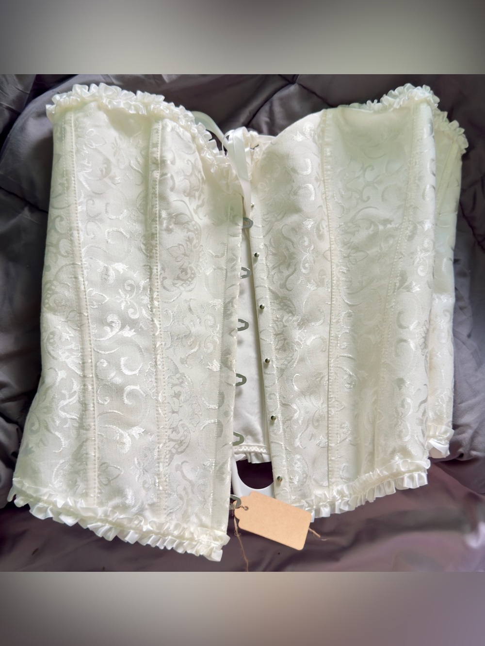 35” + 4” ivory/white brocade corset, overbust, modesty panel, ruffles